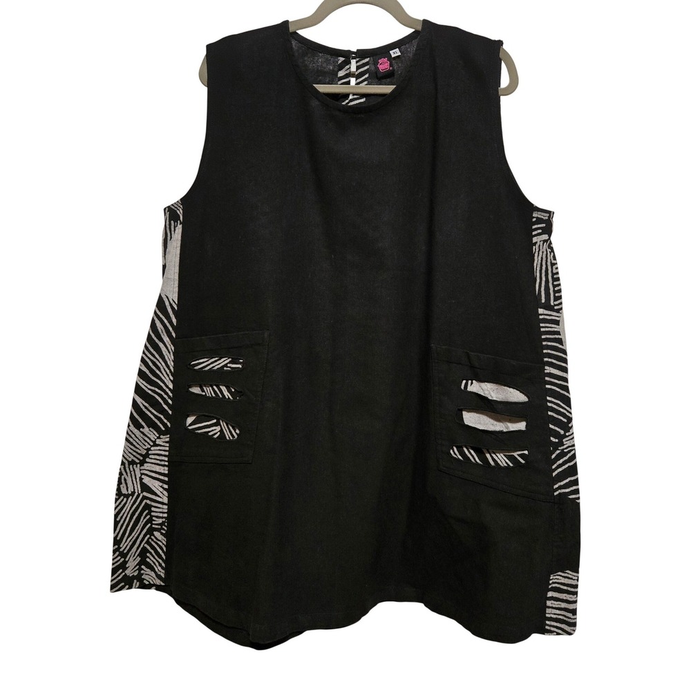 Cupcake, Funky, Lagenlook Black White Abstract Print Cotton Sleeveless Tunic XL